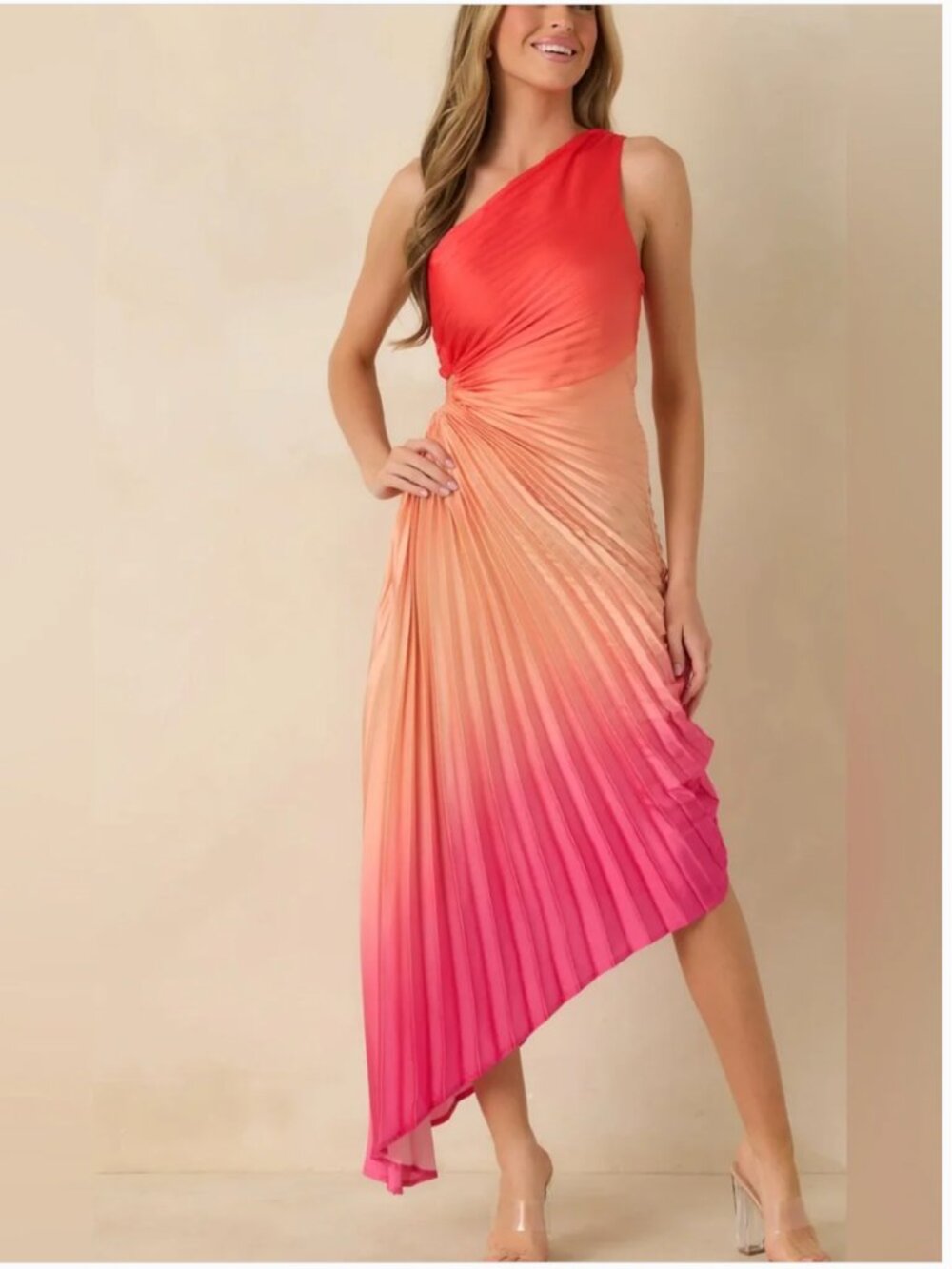 Anthropologie Dress Forum Poetic Coral Pink Asymmetric One Shoulder Dress size S